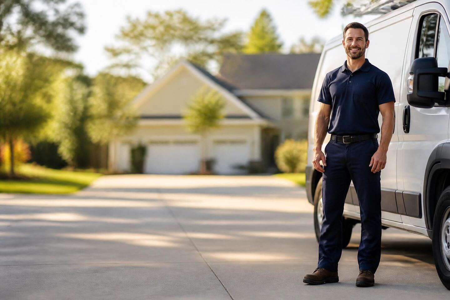 HVAC technician in uniform standing beside a service van